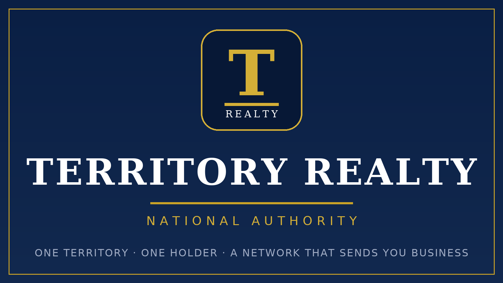 Territory Realty Facebook cover — navy with the gold T mark, TERRITORY REALTY, NATIONAL AUTHORITY