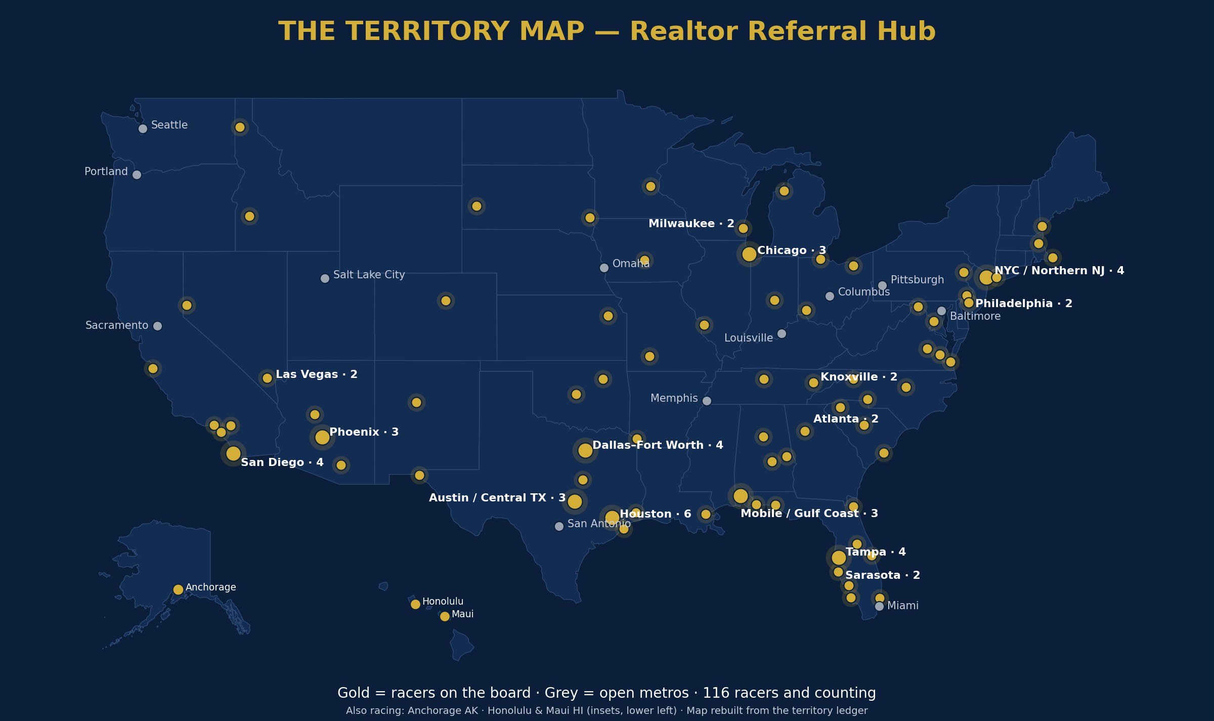 Territory Realty — United States territory map, October 18, 2026: gold metros have racers, grey metros are open